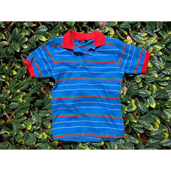 Vintage 100% Cotton Wonderknit Blue Red Striped Cropped Collared T Shirt XS/S - Picture 1 of 7